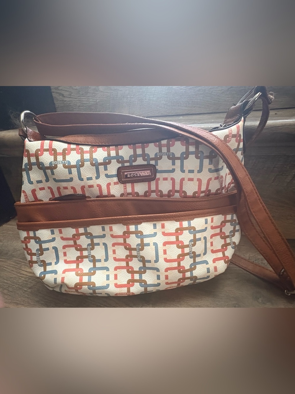 Rosetti Cream Multicolor Chain-Link Shoulder Bag with Brown Trim